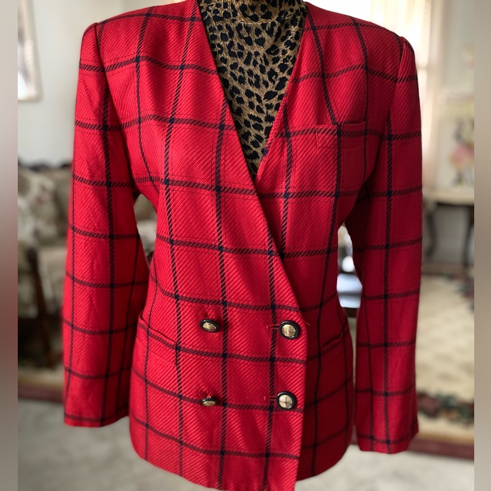 Classic Red Windowpane Double-Breasted Blazer - image 7